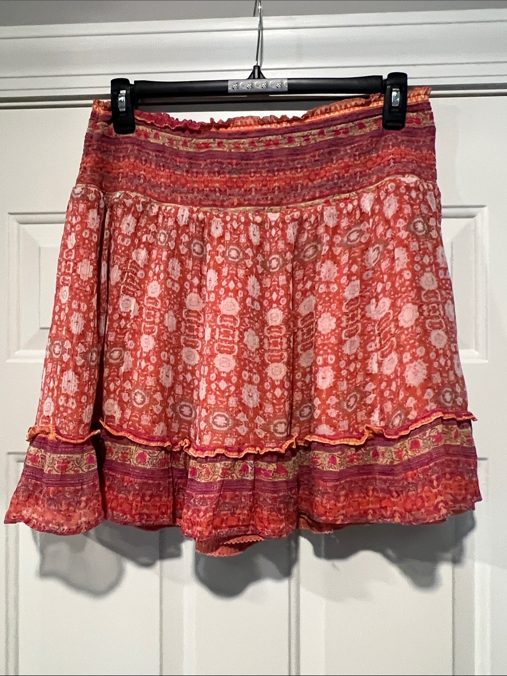 Anthropologie Sz XL Coral Pink Smocked Waist Printed Ruffle Skirt Boho Feminine